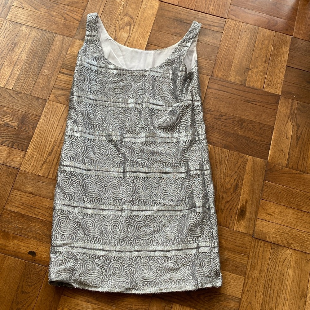 Custom Sliver lace shift dress with matching fabric shawl.